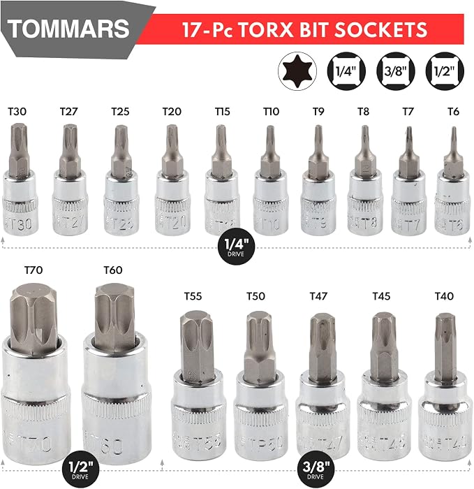 TOMMARS 60-Pc Master Torx Bit Socket & External Socket Set | 1/4", 3/8", 1/2" Drive, S2 Steel Bits, CRV Sockets, E4-E24, T6-T70, TT6-TT70, TP8-TP60