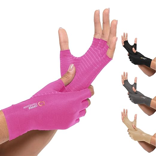 Copper Compression Fingerless Arthritis Gloves, Pink, L, Men & Women