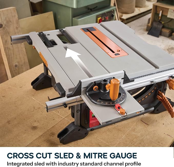 Evolution R10TBLX 10" Jobsite Table Saw with Wheeled Stand | Zero-Clearance Throat Plate | Dado Plate Included | 15A Motor | 26” Rip | 3-3/8” Cut | 0-45° Bevel | Precision Fence | Heavy Duty Portable