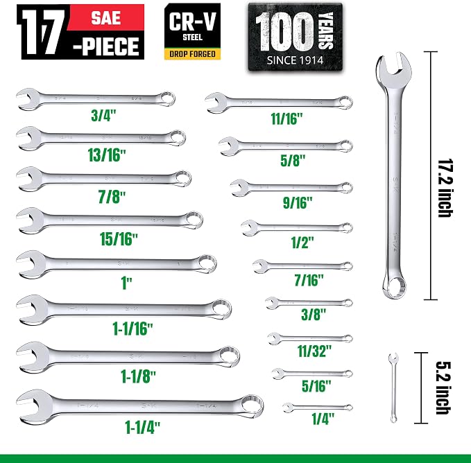 SK Combination Wrench Set, Metric 6 to 32mm, SAE 1/4" to 1-1/4", 42-Piece | SuperKrome Finish, Drop Forged Premium CR-V Steel, 12-Point Wrenches, 15-Degree Offset, with Rolling Pouch