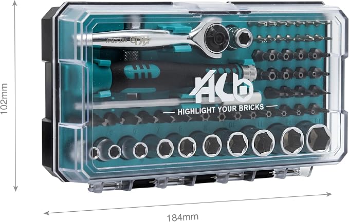 HB 61-Piece 1/4" Drive Socket & Bit Set, 90-Tooth Swivel Head Ratchet Kit
