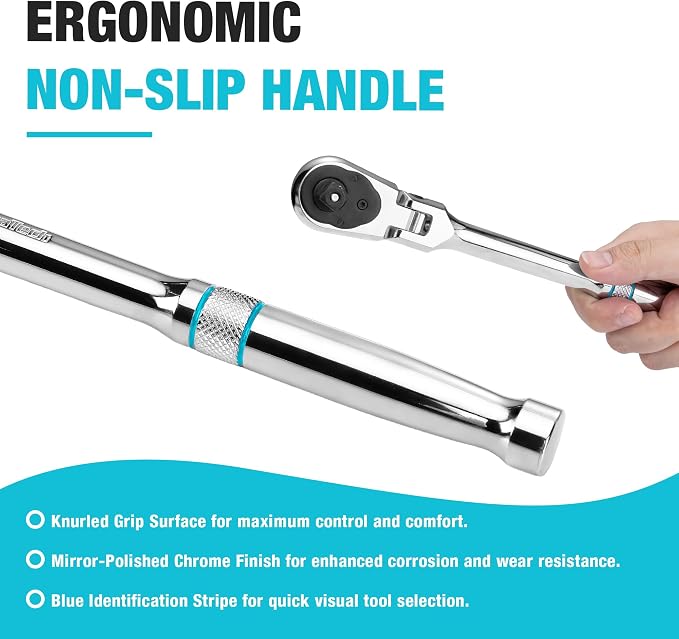 DURATECH 1/4-Inch Flex-Head Ratchet, 90-Tooth Quick-Release Ratchet Wrench | Socket Wrench with 180° Pivoting Head and 7-Position Setting, Reversible, CR-V Made, CR-MO Head, 4° Swing, Full Polished