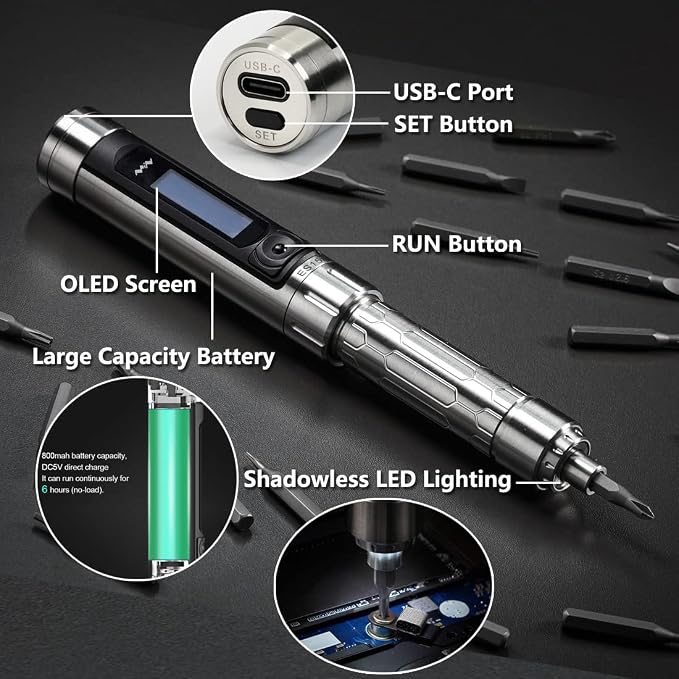 YKEY Original MINIWARE ES15S Mini Electric Power Screwdriver Rechargeable Portable Small Cordless Smart Motion Control with 24 Magnetic Bits OLED Screen Repair Tool for Phone Camera Laptop