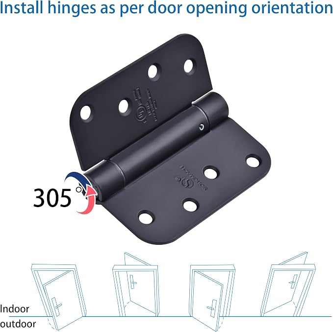 Self Closing Door Hinges 4 inch Matte Black Auto Close Hinge Adjustable 4 x 4 Inch Spring Hinges 5/8" Radius Corner Commercial Auto Door Closer Hinge UL Listed, 6 Pieces