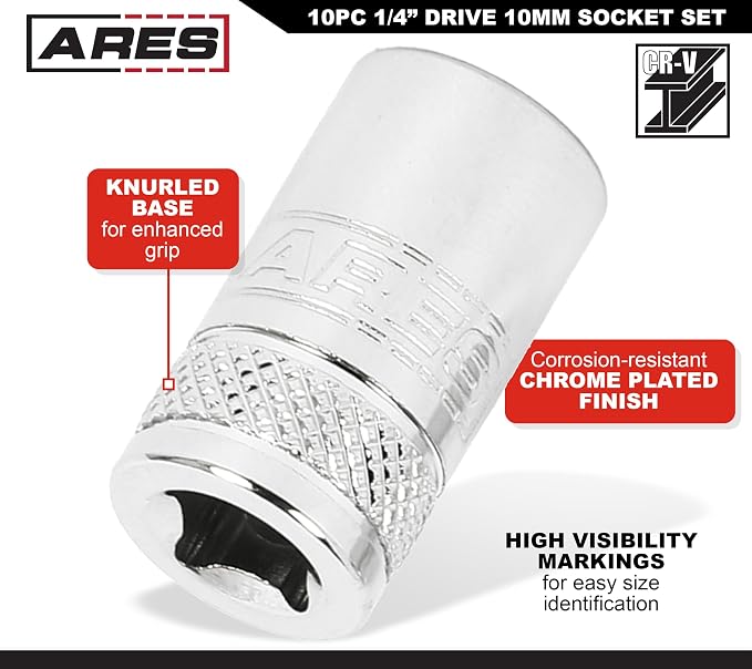 ARES 39018 10-Piece 1/4-Inch Drive 10mm Socket Set | Premium Chrome Vanadium Socket Set Features Knurled Bands for Enhanced Grip
