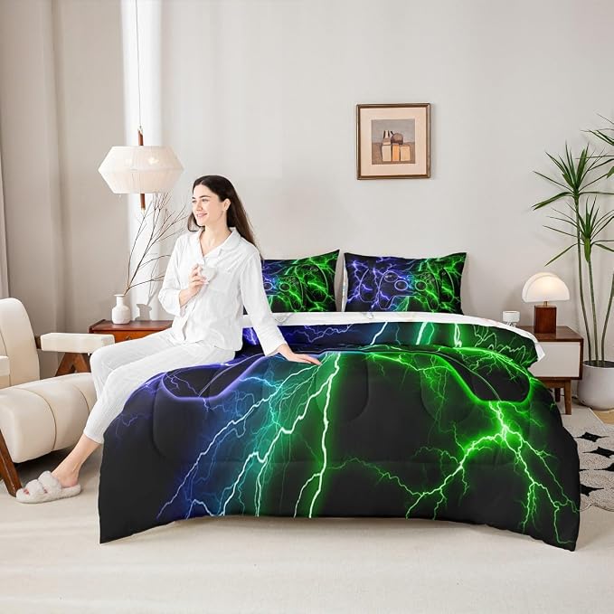 Erosebridal Gamer King Size Comforter Set with Sheets, Gaming 7 Piece Bedding Set Game Boy Games Bed in a Bag, Blue Green Lightning Room Decor,Kids Room Decor
