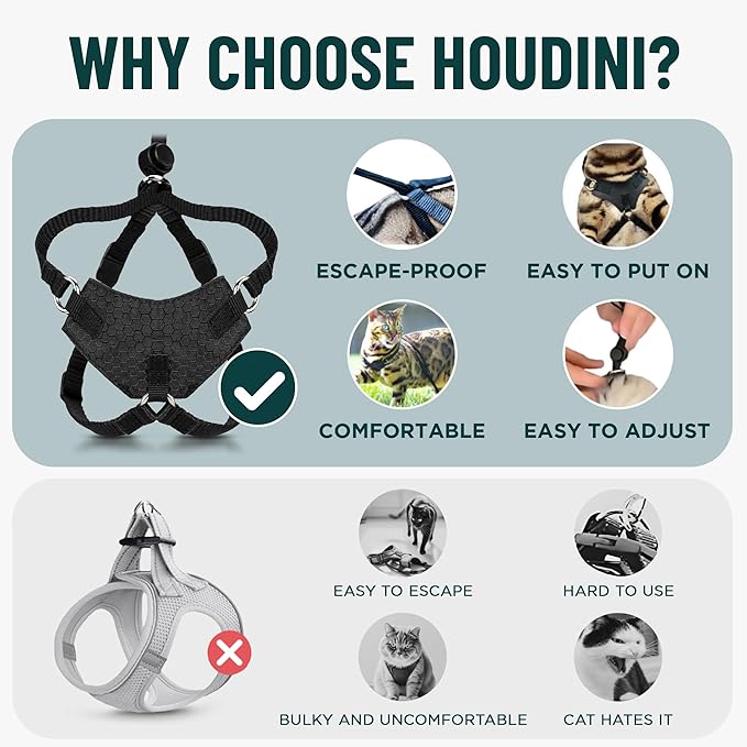 Houdini™ Escape Proof Cat Harness and Leash (Turquoise, M/L) | Adjustable walking vest with 6ft lead, breathable mesh, secure snug fit, lightweight for travel, hikes and daily adventures