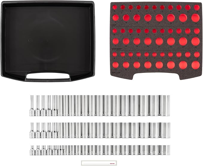 TEKTON 3/8 Inch Drive 12-Point Socket Set, 57-Piece | SHD91702 | (6 - 24 mm), Shallow, Semi-Deep, and Deep, Stacking Organizer, Custom Foam