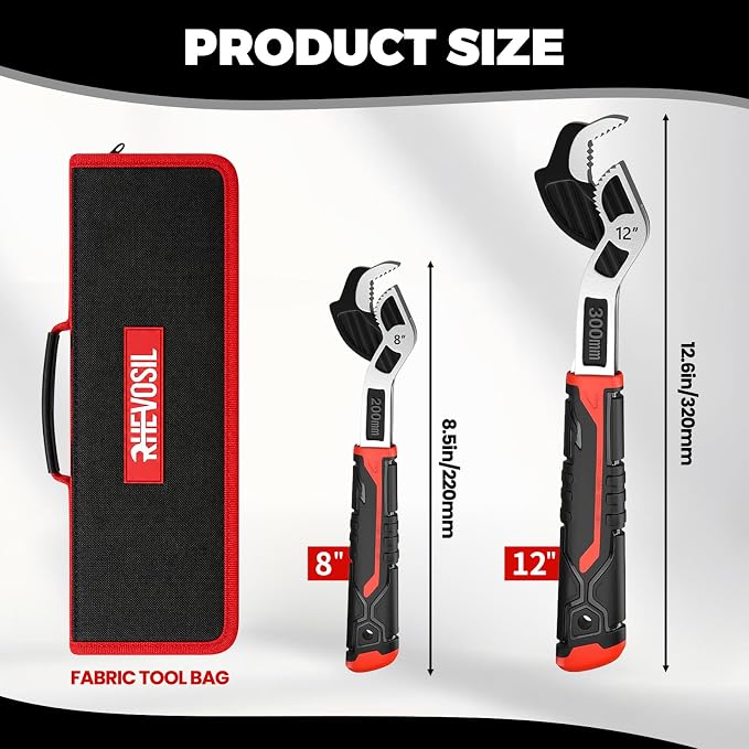 2 Pack 8" & 12" Self-Adjusting Pipe Wrench Set | Quick Self-Adjusting: Auto-Grips 3/8" To 1-11/16" Pipe Fittings; Durable Cr-V Steel Build with Non-slip Grip for Plumbers.