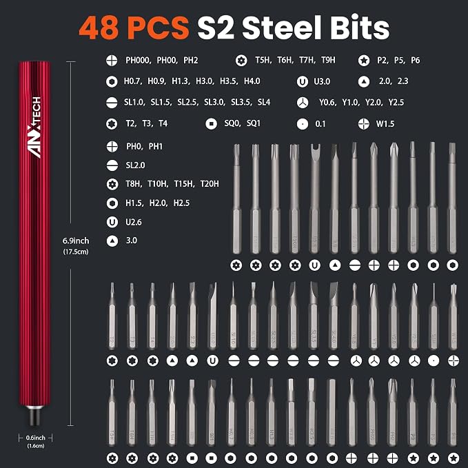 Mini Electric Screwdriver Kit, Electric Screwdriver Cordless, 48 Magnetic Bits, 3 Torque Settings, 52 in 1 Electric Screwdriver Set for Electronics, Camera, rc Cars Repair (Red)