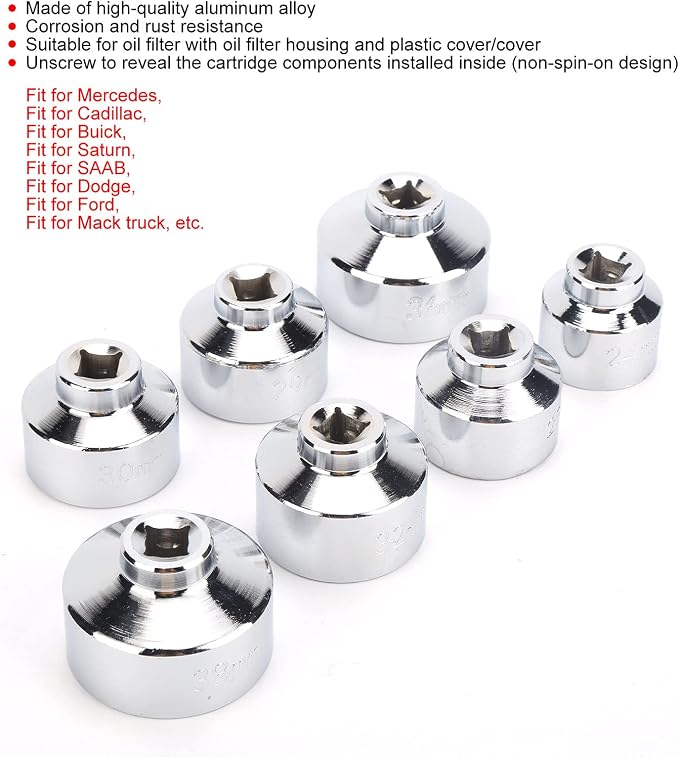 Brilluxa Oil Filter Wrench, 7Pcs Socket Cap Removal Tool Set 24 27 29 30 32 36 38mm for Automotive Paper Cartridge Housings