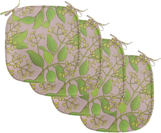 Lunarable Cinnamon Chair Seating Cushion Set of 4, Plantation Floral Pattern on a Plain Background, Anti-Slip Seat Padding for Kitchen & Patio, 16"x16", Yellow Green Olive Green