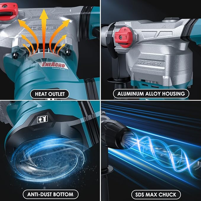 ENEACRO SDS-Max Heavy-Duty Rotary Hammer Drill, 9 Ft.lbs, 3 Functions | Safety Clutch & Vibration Control, 1-9/16" Drilling Capacity in Concrete, Includes Chisel, Includes Drill Bit