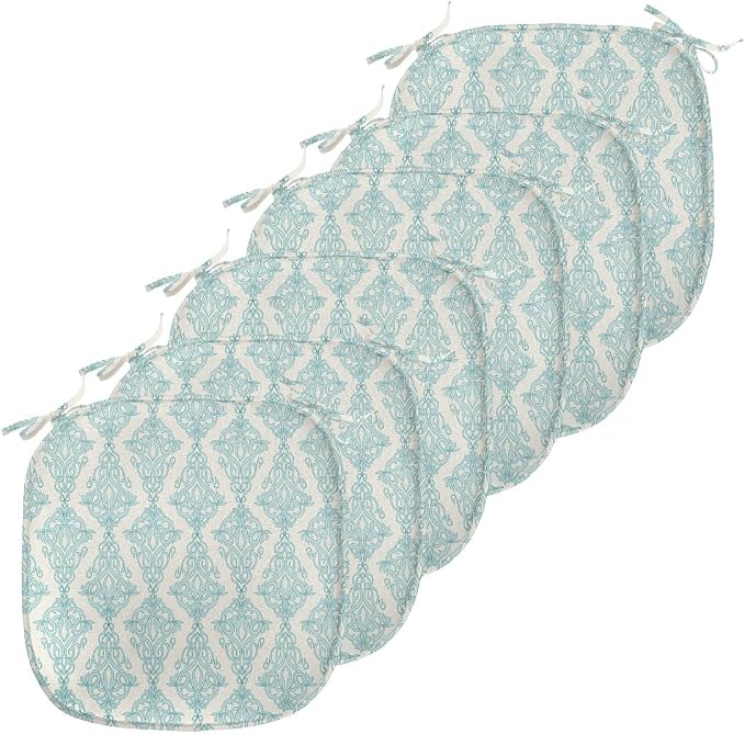 Lunarable Damask Blue Chair Seating Cushion Set of 6, Vintage Antique Pattern with Classic Victorian Motif, Anti-Slip Seat Padding for Kitchen & Patio, 16"x16", Eggshell Pale Cadet Blue