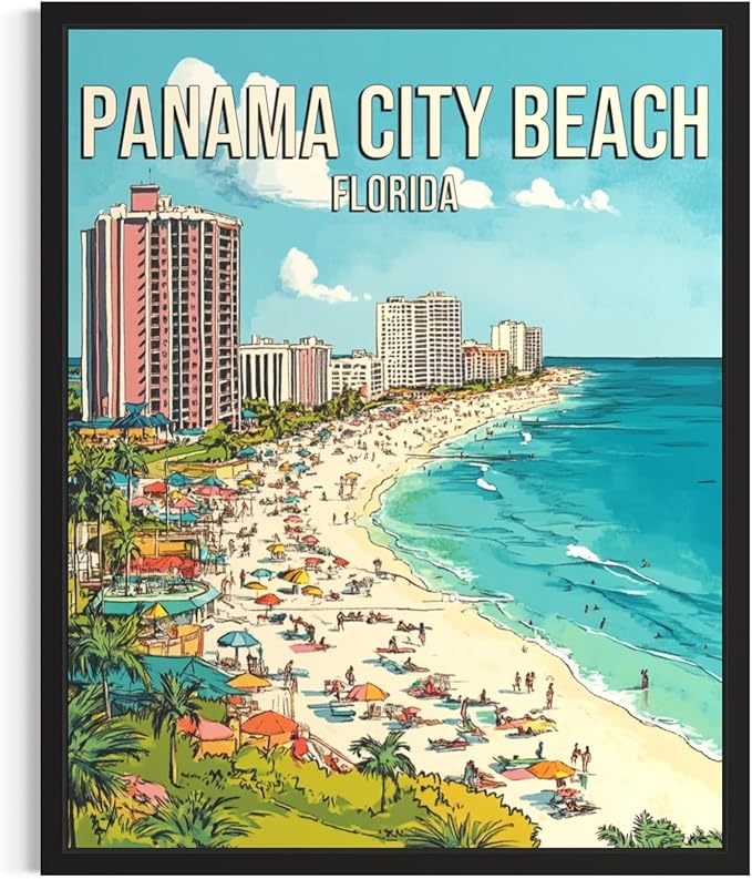 Panama City Beach Florida Wall Art Print Poster, US Vintage Retro Beach Scenery Posters Prints for Restroom Home Picture Painting Artwork Gallery 219 (Panama City Beach Florida, 16 x 20 inches, Black Frame)