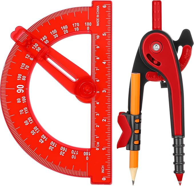 Zonon Student Protractor and Compass Set, Student Geometry Math Set Drawing Compass and 180 Degree 6 Inch Protractor with Swing Arm for Drawing Measuring School Office(Red)