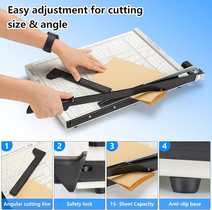 Ecraft 15" Guillotine Paper Cutter : Heavy-Duty Steel Base, 15-Sheet Capacity, Automatic Clamp, Safety Lock & Magnetic Guide - Precision Paper Trimmer for Office and Crafts