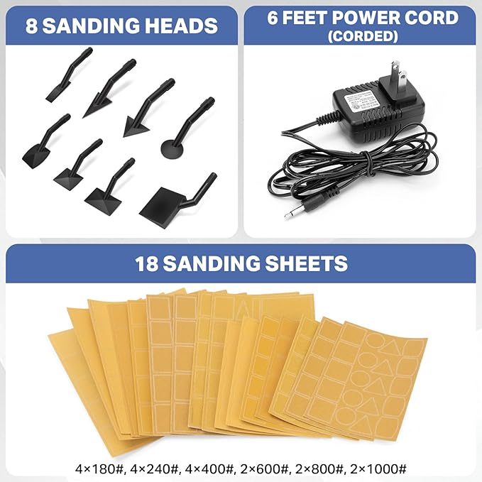 SHALL Mini Pen Sander, 12V Electric Reciprocating Sander with 4 Adjustable Speed, Compact Pen Sander Tool with 8 Sanding Heads and 18 Sanding Sheets for Polishing, Finishing, DIY Crafts