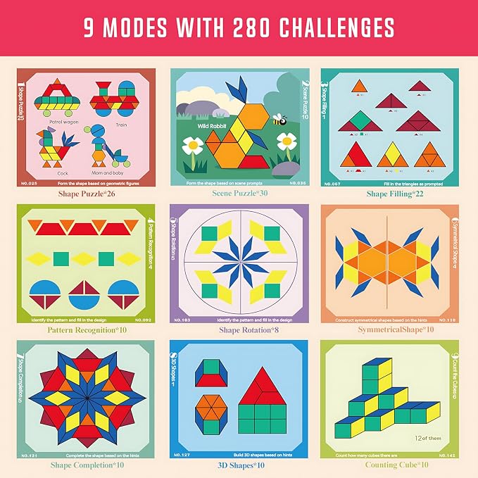 288 PCS Wooden Magnetic Pattern Blocks Set – Montessori Tangram Puzzle with Pattern Cards & Storage Bag | Preschool Montessori Brain Teaser, STEM Gift for 3-8 Years Old Toddler Kids