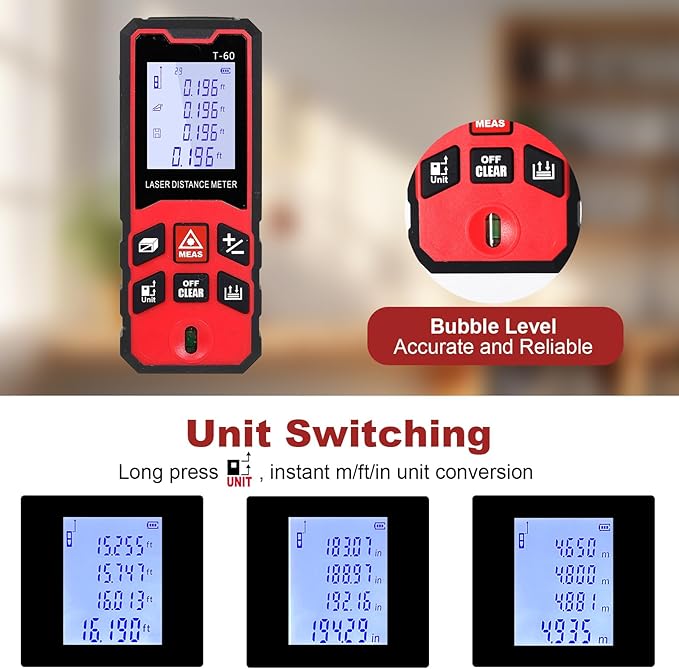 196Ft/60M Laser Distance Meter, ±1/16 Inch High Accuracy Laser Measurement Tool with Backlit LCD Display, Pythagorean/Area/Volume Calculation Mode, M/in/Ft Units, Bubble Level, Durable Design
