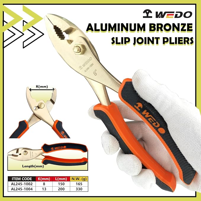 WEDO Non-Sparking Slip Joint Pliers 6", Spark-free Safety Wire Cutter Pliers, DIN Standard, BAM & FM Certificate, Opening Max 8mm, Aluminum Bronze