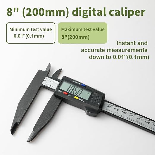 Digital Caliper 0-8" Measuring Tool, Micrometer Caliper with Auto-Off Feature, Interchangeable Between inches and millimeters for Jewelry Measurement and 3D Printing