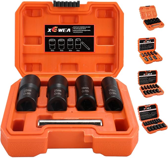 XEWEA 5PCS 1/2 Drive Lug Nut Bolt Extractor Set, Wheel Lock Removal Kit | Imapact Easy Out Broken Wheel Tire Lug Nut Extraction/Remover Socket Tool Set, For Removing Damaged, Frozen, Studs, Cr-Mo