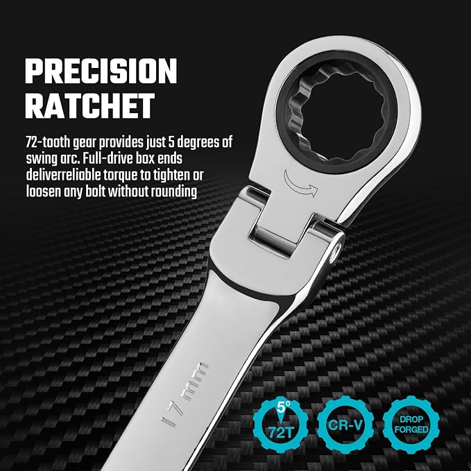DURATECH 9-Piece Flex-Head Ratcheting Wrench Set, Metric | Combination Wrench, 72 Tooth, 8mm, 10mm, 11mm, 12mm, 13mm, 14mm, 15mm, 16mm, 17mm, CR-V Steel, with Rolling Pouch