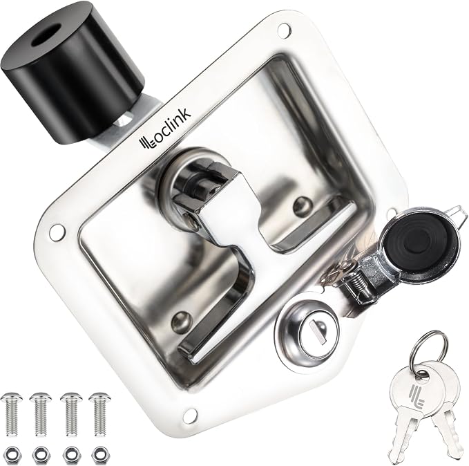 Tool Box Lock with Shock-Absorbing Roller Latch & Zinc Alloy Cover Truck Toolbox Latch Replacement 304 Stainless Steel Folding T-Handle Lock with Keys for RV Camper, Trailer Door, Cabinets