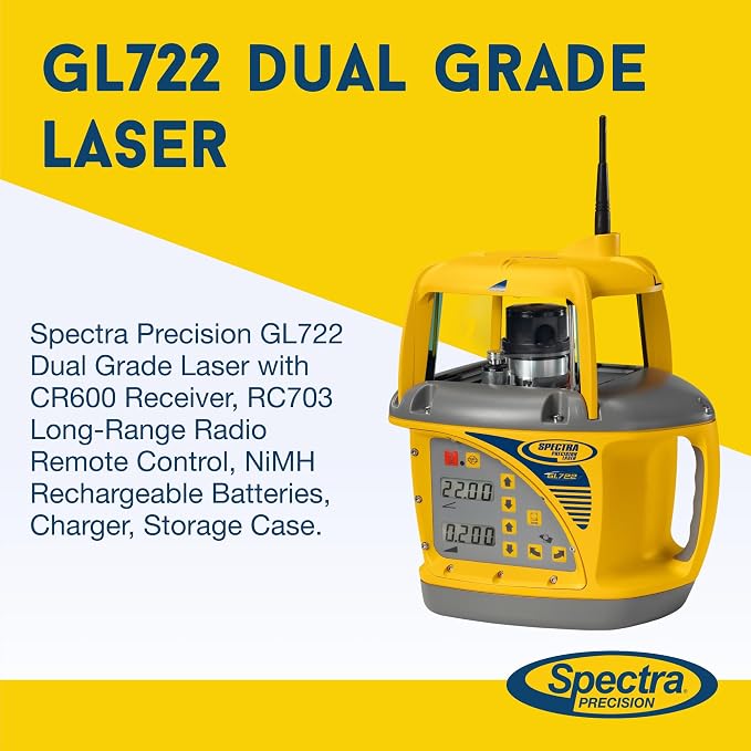 Spectra Precision GL722 Dual Grade Laser with CR600 Receiver, RC703 Long-Range Radio Remote Control, NiMH Rechargeable Batteries, Charger, Storage Case