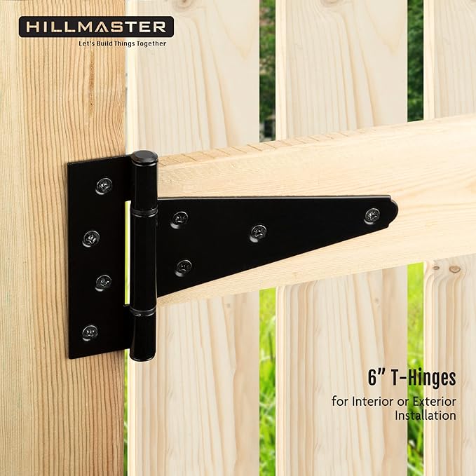 HILLMASTER 6 Inch T-Strap Heavy Duty Shed Door Hinges Gate Strap Hinges Black Tee Hinge Wrought Hardware for Wooden Fences,Yard,Barn Door,Rustproof(2 Pack)