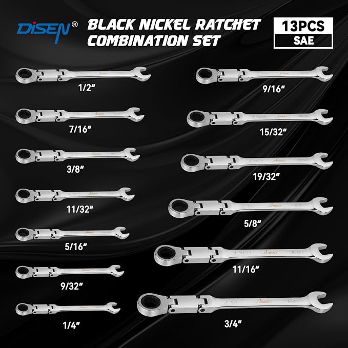DISEN Ratchet Wrenches Set 13pcs, Double Jointed Flex Head Ratcheting Wrench Set, SAE 1/4'' -3/4'', Open End Long Combination Wrench Set, 72-Teeth, Cr-V Steel, with Heavy Duty Case