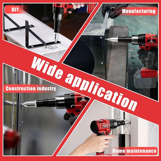 Cerycose Rivet Gun Compatible with Milwaukee 18V Battery, Cordless Rivet Tool with 3 Size (1/8", 5/32", 3/16") Aluminum Rivets, Brushless Motor Rivet Gun Kit Nose Piece, Led Light, Tool Only
