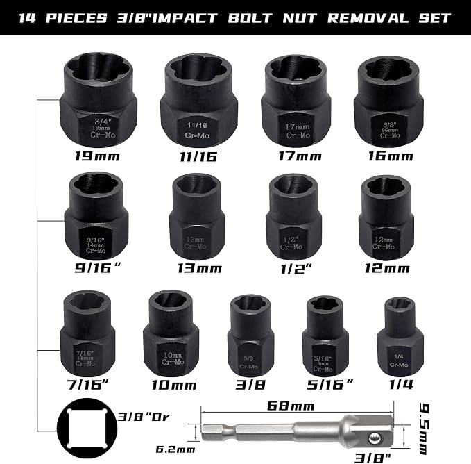 14 Pcs Bolt Nut Extractor Set with Knockout Bar | 3/8" Drive Wheel Lock Removal Kit for Extracting Damaged, Stripped Frozen Nuts & Screws, Impact Lug Nut Remover Socket Tool