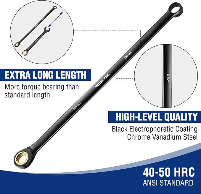 WORKPRO Extra Long Ratcheting Wrench Set, 10-Piece Anti-Slip Double Box Wrenches Set, Metric 8-19 mm, 72-Teeth, Cr-V Steel and Black Electrophoretic Coating Wrenches with Rolling Pouch