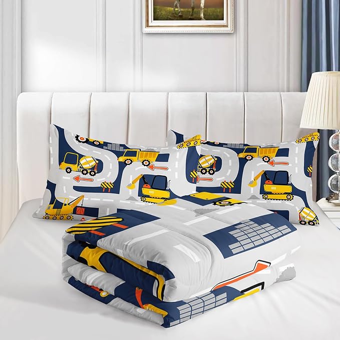 Axolotl Cartoon Excavator Bedding Set King,Tractor Truck Boys Comforter,3 Piece Yellow Vehicles Truck Comforter Set,Construction Site Theme Decor for Kids Boys Teens,1 Quilt 2 Pillowcases