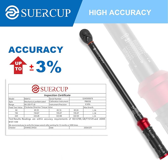 SUERCUP 1/2-Inch Click Torque Wrench- 40-320FT.LB/54.2-433.6Nm Dual-Direction Adjustable 72 Tooth Drive Click Torque Wrench with Storage Case for Product Assembly and Car Repair
