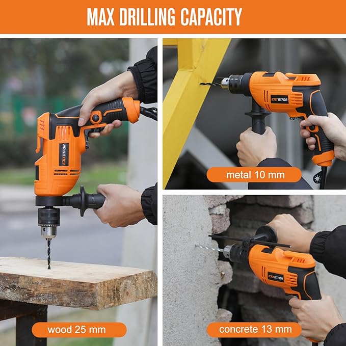 Hammer Drill，5.8Amp Corded Hammer Drill,1/2" Variable Speed Drill with 9 Pcs Drill Bit Set,Multi-angle Aauxiliary Handle for Wood, Concrete, and Plastic
