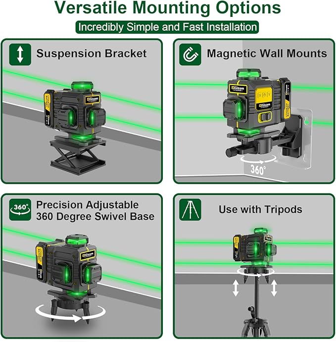 Gisam Laser Level with Tripod- 360° Rotating Window, Lazer Leveler Tool with Pulse Mode, 4D 16-Line Self Leveling Green Lazer Level with 2 * 4800mAh Batteries for Construction Tiling Home Renovation