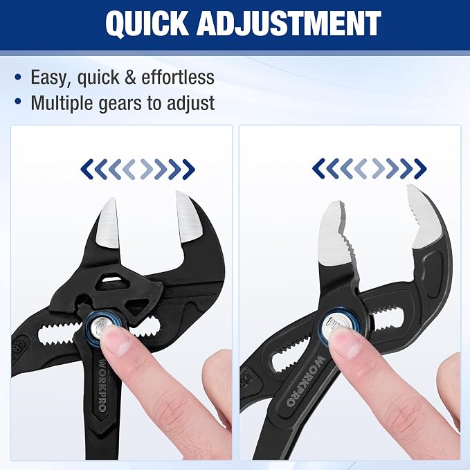 WORKPRO 2 PCS 7-Inch Pliers Wrench & 10-Inch Groove Joint Pliers Set, CR-V | Quick Adjustment, Smooth Jaw & V-Jaw, Upgraded Wide Opening, Ergonomic Grip - for Plumbing, Pipe Work, DIY Projects