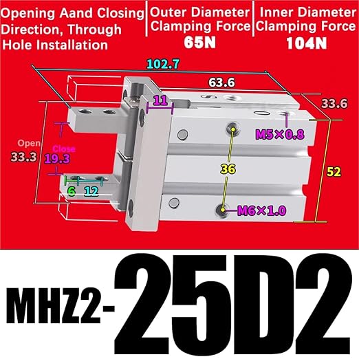 1PCS MHZ2 Pneumatic Finger Cylinder Parallel Gripper MHZ2-10/16/25/32/40D1/D2/D3 Side Thread Aluminium Clamps(MHZ2-25D2)