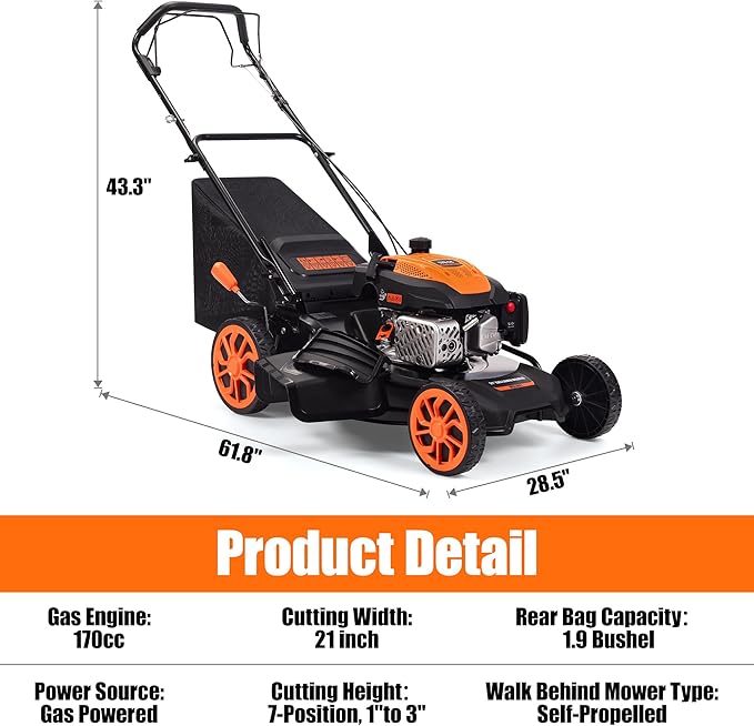 Self-Propelled Gas Lawn Mower - 21 inch with 170cc 4-Stroke Engine, 7-Position Cutting Height, 3-in-1 Versatile Mulching Bagging Discharging, 1.9 Bushels Large Grass Collector, EPA Compliment