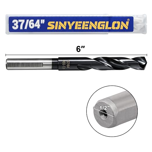 37/64 Drill Bit for Metal and Hardened Steel, M35 Cobalt 1/2 Inch Reduced Shank Industrial Grade Heavy Duty Drill Bit, with Index Storage Case