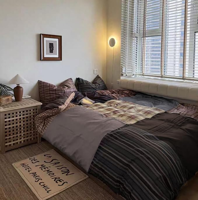 Sedefen Brown Gingham Duvet Cover 3 Pcs Queen Size Dark Brown Plaid Bedding Set Kids Boys Girls Coffee Vintage Checked Soft Microfiber Breathable Duvet Cover Set with 2 Pillowcases