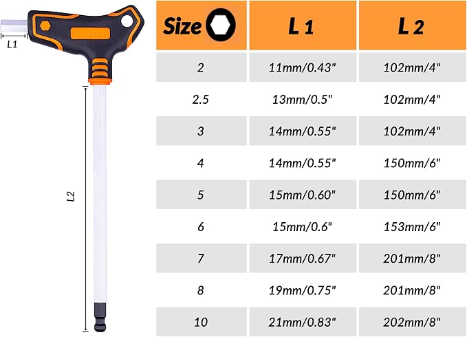NordWolf 9-Piece T-Handle Metric Allen Wrench Set, S2 Steel Long Arm Ball End Hex Keys, Sizes 2mm to 10mm in Storage Box