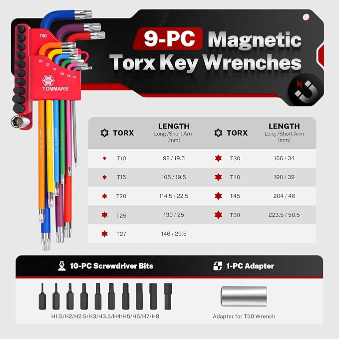 TOMMARS 9-PC Magnetic Torx Wrench Set, Color Coded T-Handle & Long Arm | Magnetic Head for Precision, TORX(T10-T50), Color Coded, Includes Screwdriver Bit Set & Adapter, S2 Steel