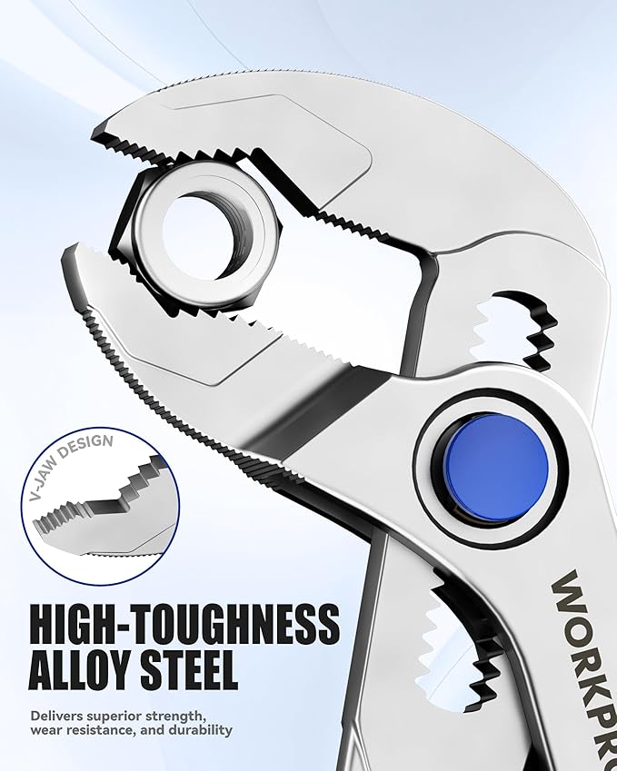 WORKPRO Mini Water Pump Pliers, 4-Inch Groove Joint Pliers, Fast Adjustable Tongue and Groove Pliers with 15-Position Push-Lock, V-Jaw for Multi-Surface Grip, Ideal for Tight Spaces and Versatile Use