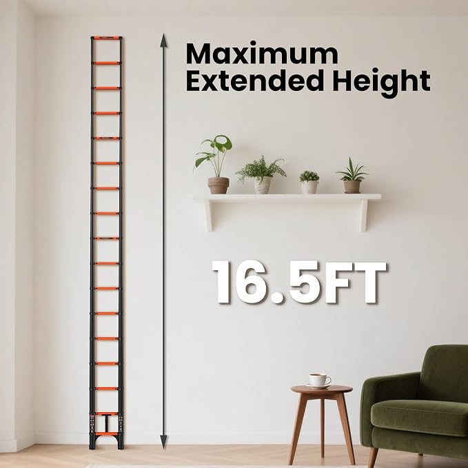 SINMEIRUN Telescoping Ladder, 16.5 FT, 11.8" Rung Spacing, Aluminum Extension Ladder, 330 lbs Capacity, Collapsible Multi-Purpose Ladder for Home, Roof and RV; Orange