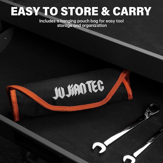 JUJIAN TEC 9-Piece SAE Ratcheting Combination Wrench Set | 72-Tooth Reversible Ratchet, Cr-V Steel, 1/4" – 3/4", Roll-Up Pouch