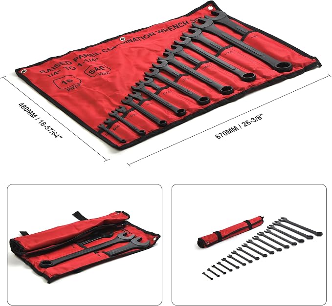 16 Piece SAE Combination Wrench Set, 1/4" to 1-1/4" SAE Wrench Set with Roll Up Pouch